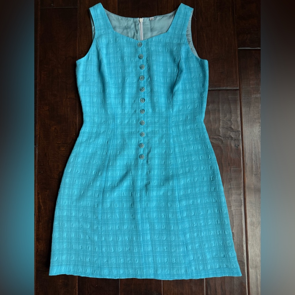Vintage 1960s Turquoise Textured Shift Dress Mod A-Line Sleeveless
